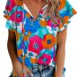 Multicolor Floral Print Drawstring V Neck Short Sleeve Blouse