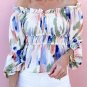 White Abstract Print Frill Off Shoulder Bubble Sleeve Blouse