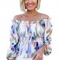 White Abstract Print Frill Off Shoulder Bubble Sleeve Blouse