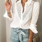White Floral Lace Hollow Out Splicing Crinkled Shirt