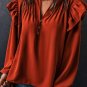 Orange Ruffled Pleated Buttoned V Neck Blouse