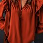 Orange Ruffled Pleated Buttoned V Neck Blouse