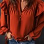 Orange Ruffled Pleated Buttoned V Neck Blouse