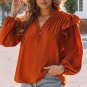 Orange Ruffled Pleated Buttoned V Neck Blouse