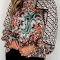Black Black Black Mixed Floral Geometric Print Ruffled Long Sleeve Blouse