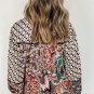Black Black Black Mixed Floral Geometric Print Ruffled Long Sleeve Blouse