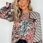 Black Black Black Mixed Floral Geometric Print Ruffled Long Sleeve Blouse