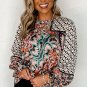 Black Black Black Mixed Floral Geometric Print Ruffled Long Sleeve Blouse