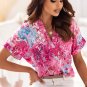 Rose Abstract Floral Print Notch V Neck Rolled Short Sleeve Blouse