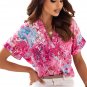 Rose Abstract Floral Print Notch V Neck Rolled Short Sleeve Blouse