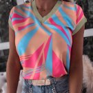 Orange Geometric Print Contrast Trim V Neck Blouse