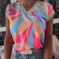 Orange Geometric Print Contrast Trim V Neck Blouse