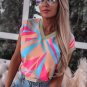 Orange Geometric Print Contrast Trim V Neck Blouse