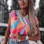 Orange Geometric Print Contrast Trim V Neck Blouse