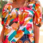 Multicolor Square Neck Abstract Print Short Sleeve Blouse