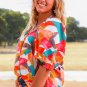 Multicolor Square Neck Abstract Print Short Sleeve Blouse