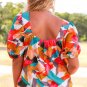 Multicolor Square Neck Abstract Print Short Sleeve Blouse