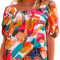 Multicolor Square Neck Abstract Print Short Sleeve Blouse