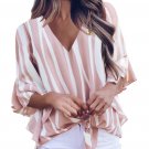 Pink Vertical Stripes V Neck 3/4 Sleeve Blouse