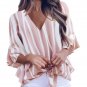 Pink Vertical Stripes V Neck 3/4 Sleeve Blouse