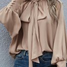 Khaki Frilled Knotted Mock Neck Bishop Sleeve Blouse