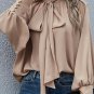 Khaki Frilled Knotted Mock Neck Bishop Sleeve Blouse