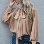 Khaki Frilled Knotted Mock Neck Bishop Sleeve Blouse
