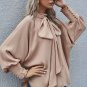 Khaki Frilled Knotted Mock Neck Bishop Sleeve Blouse