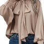 Khaki Frilled Knotted Mock Neck Bishop Sleeve Blouse