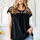 Black Geometric Floret Embroidered Short Sleeve Blouse