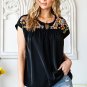 Black Geometric Floret Embroidered Short Sleeve Blouse