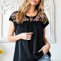 Black Geometric Floret Embroidered Short Sleeve Blouse