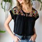 Black Geometric Floret Embroidered Short Sleeve Blouse