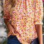 Orange Boho Floral Ruffle Short Sleeve Frill Mock Neck Blouse