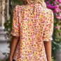 Orange Boho Floral Ruffle Short Sleeve Frill Mock Neck Blouse