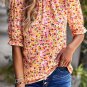 Orange Boho Floral Ruffle Short Sleeve Frill Mock Neck Blouse