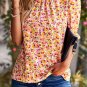 Orange Boho Floral Ruffle Short Sleeve Frill Mock Neck Blouse