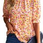 Orange Boho Floral Ruffle Short Sleeve Frill Mock Neck Blouse