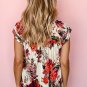 Red Floral Short Sleeve Round Neck Blouse
