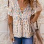 Khaki Crisscross V Neck Ruffle Sleeve Printed Flowy Blouse
