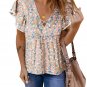 Khaki Crisscross V Neck Ruffle Sleeve Printed Flowy Blouse