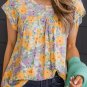 Yellow Floral Print Keyhole Back Short Sleeve Babydoll Blouse