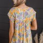 Yellow Floral Print Keyhole Back Short Sleeve Babydoll Blouse