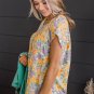 Yellow Floral Print Keyhole Back Short Sleeve Babydoll Blouse