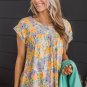 Yellow Floral Print Keyhole Back Short Sleeve Babydoll Blouse