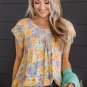 Yellow Floral Print Keyhole Back Short Sleeve Babydoll Blouse