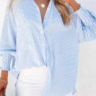 Sky Blue Smocked Cuffed Striped Boyfriend Shirt with Pocket
