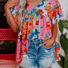 Pink Abstract Print V Neck Flutter Sleeve Blouse