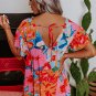 Pink Abstract Print V Neck Flutter Sleeve Blouse