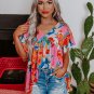 Pink Abstract Print V Neck Flutter Sleeve Blouse